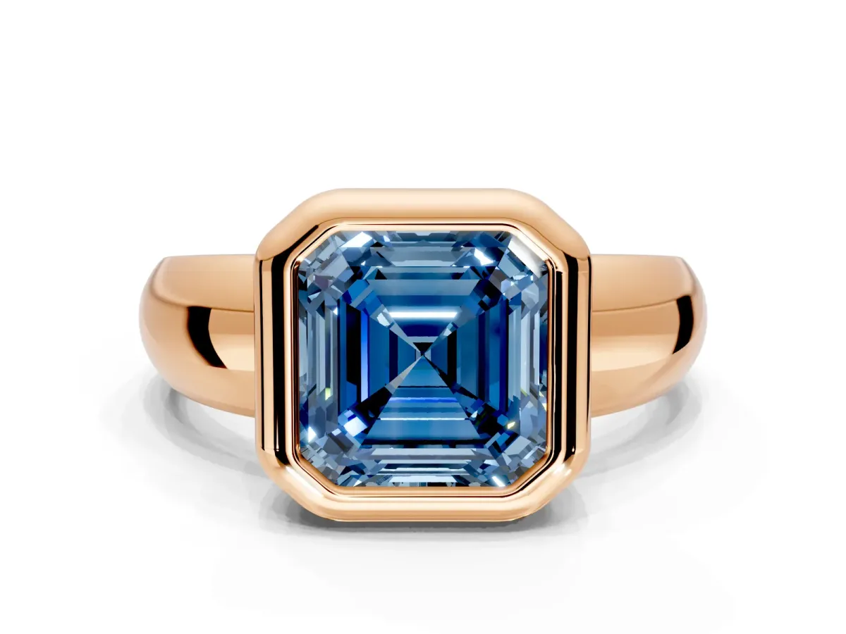 Solitaire Engagement Ring Setting for Fancy Blue Asscher Cut Center with Wide Band and Bezel Head in Rose Gold