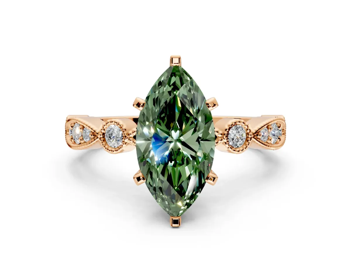 Solitaire Engagement Ring Setting for Fancy Green Marquise Center with Milgrain Bezel Accents and Prong Head in Rose Gold