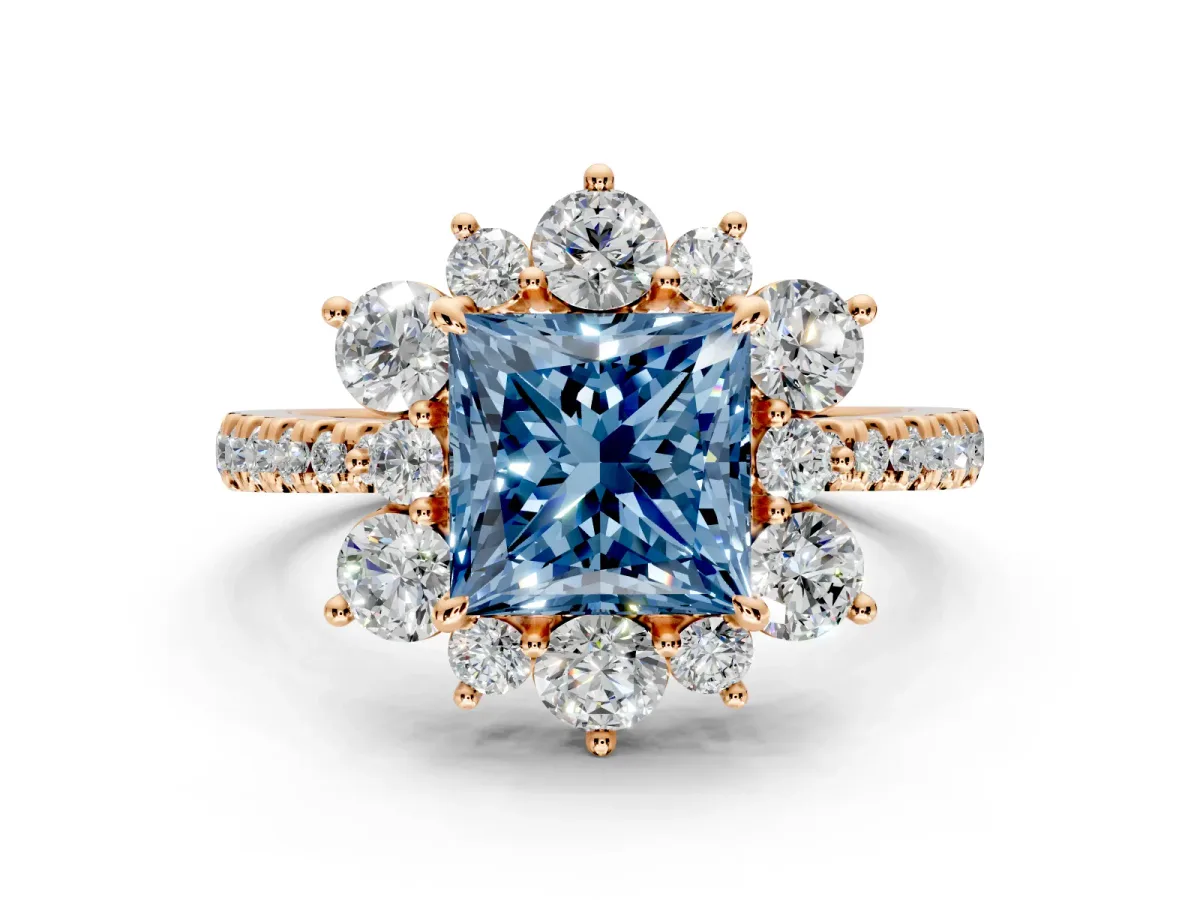 Floral Halo Engagement Ring Setting for Fancy Blue Princess Cut Center with Pave Accents and Prong Head in Rose Gold