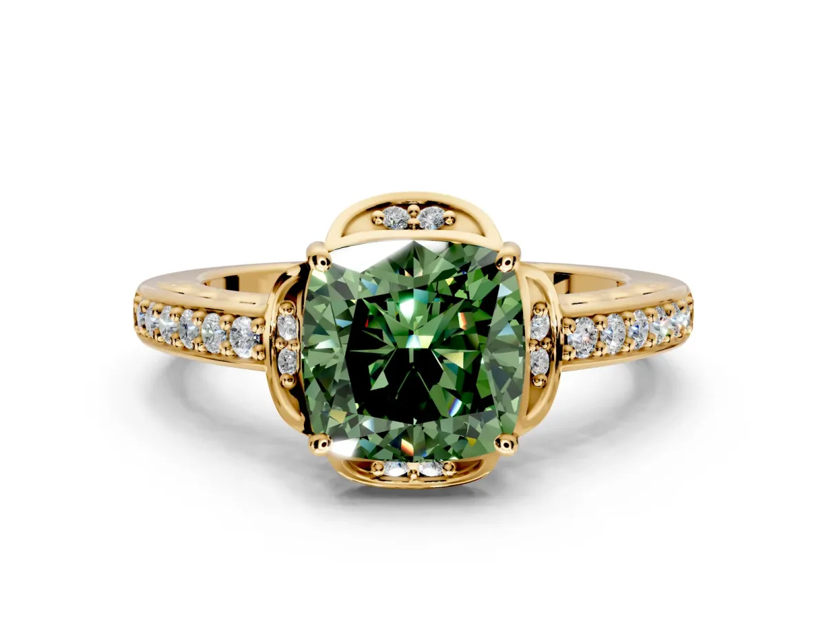 Floral Engagement Ring Setting for Fancy Green Cushion Cut Center with Four Accent Clusters and Prong Head in Yellow Gold