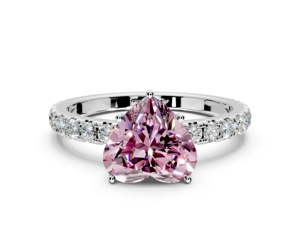 Solitaire Engagement Ring Setting for Fancy Pink Heart-Shaped Center with Large Accent Band and Prong Head in Sterling Silver