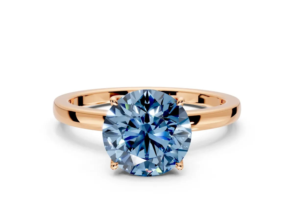 Solitaire Engagement Ring Setting for Fancy Blue Round Cut Center with Thin Rounded Plain Band and Prong Head in Rose Gold