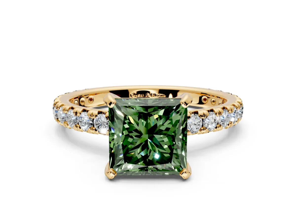 Solitaire Engagement Ring Setting for Fancy Green Princess Cut Center with Shared-Prong Accents and Prong Head in Yellow Gold