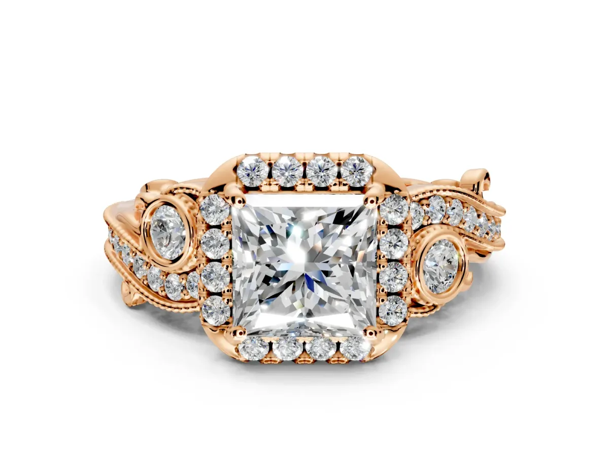 Milgrain Halo Engagement Ring Setting for Princess Cut Center with Shoulder Bezels and Prong Head in Rose Gold