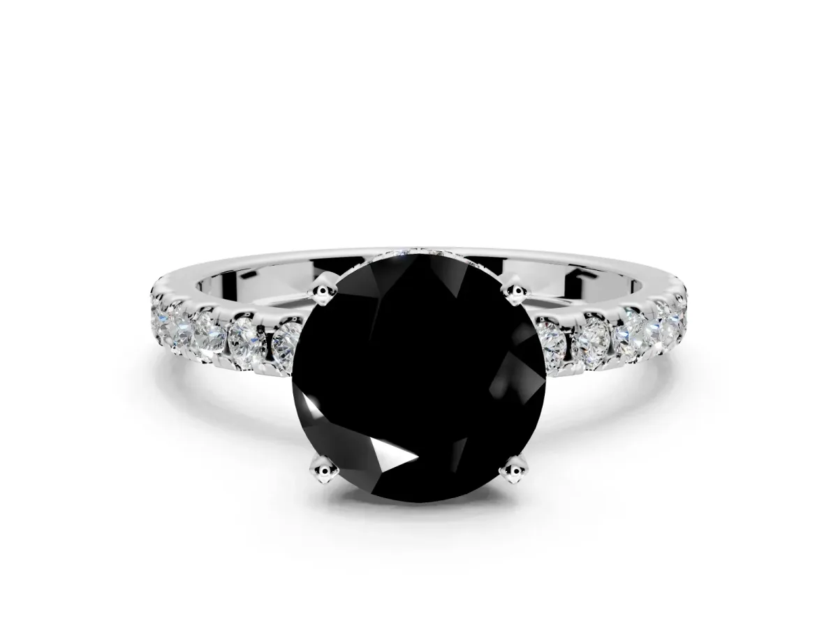 Solitaire Engagement Ring Setting for Fancy Black Round Cut Center with Band of Accents and Prong Head in Platinum