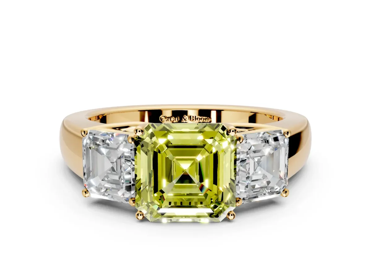 3 Stone Engagement Ring Setting for Fancy Yellow Asscher Cut Center with Raised Basket Heads and Prong Head in Yellow Gold