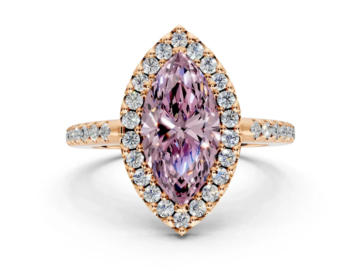 Pave Halo Engagement Ring Setting for Fancy Pink Marquise Center with Single Row Pave Band and Prong Head in Rose Gold