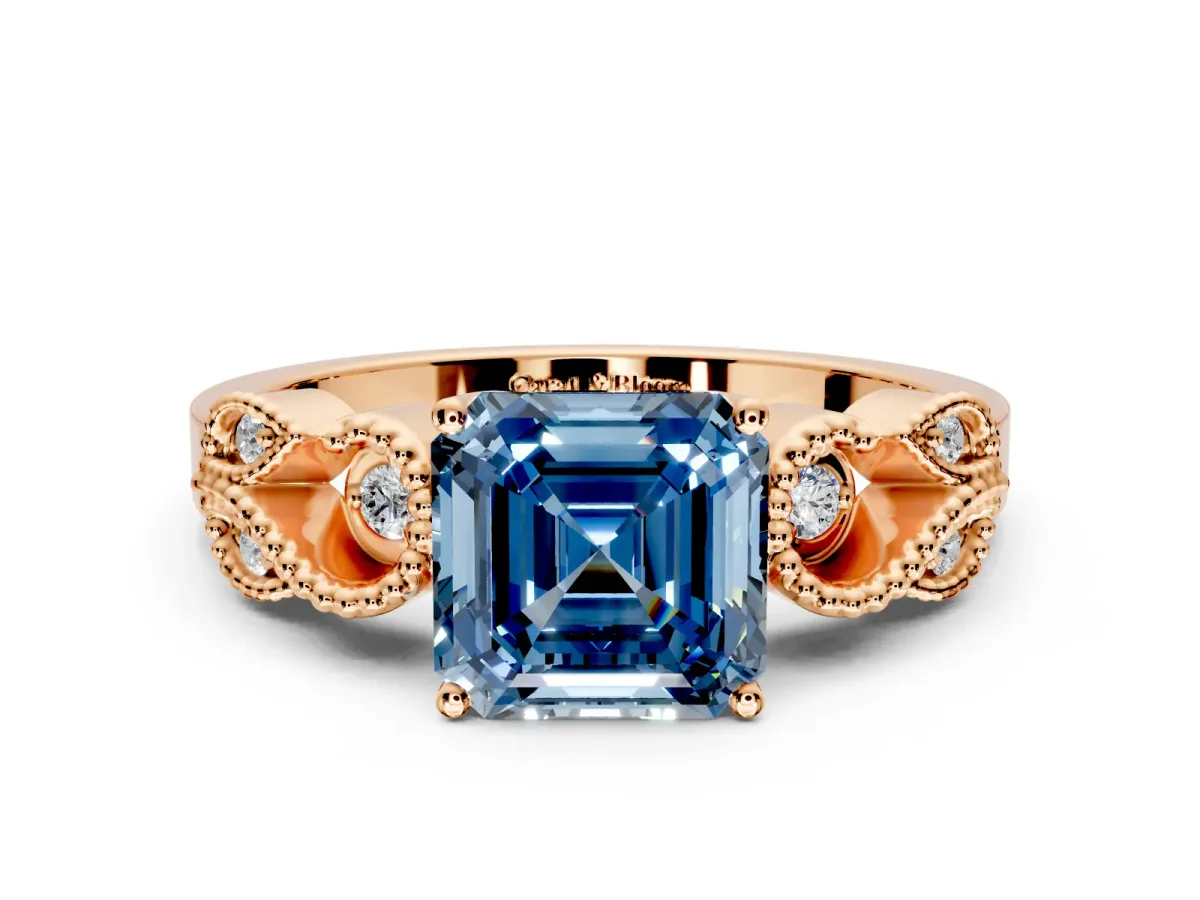 Leaf Engagement Ring Setting for Fancy Blue Asscher Cut Center with Milgrain Accent Band and Prong Head in Rose Gold