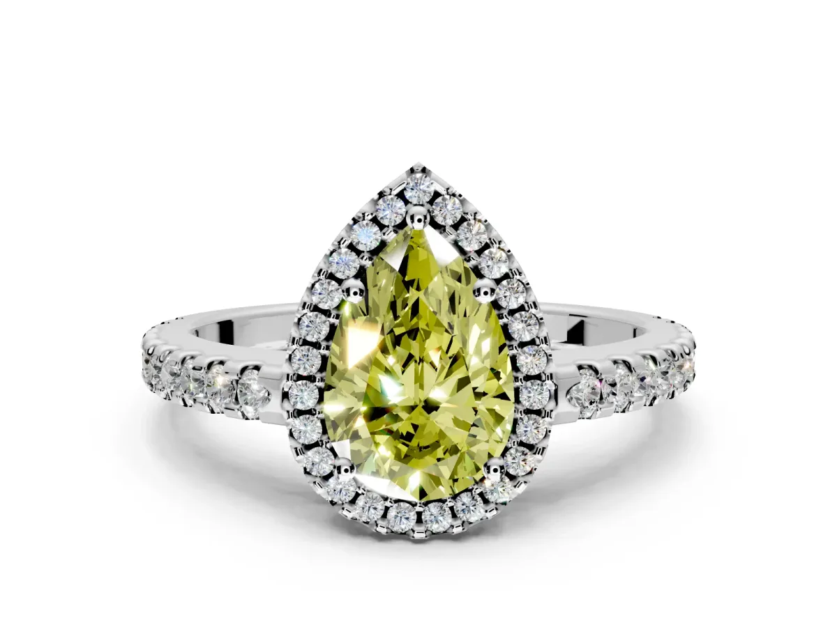 Accent Halo Engagement Ring Setting for Fancy Yellow Pear-Shaped Center with Full-Length Pave Band and Prong Head in Sterling Silver