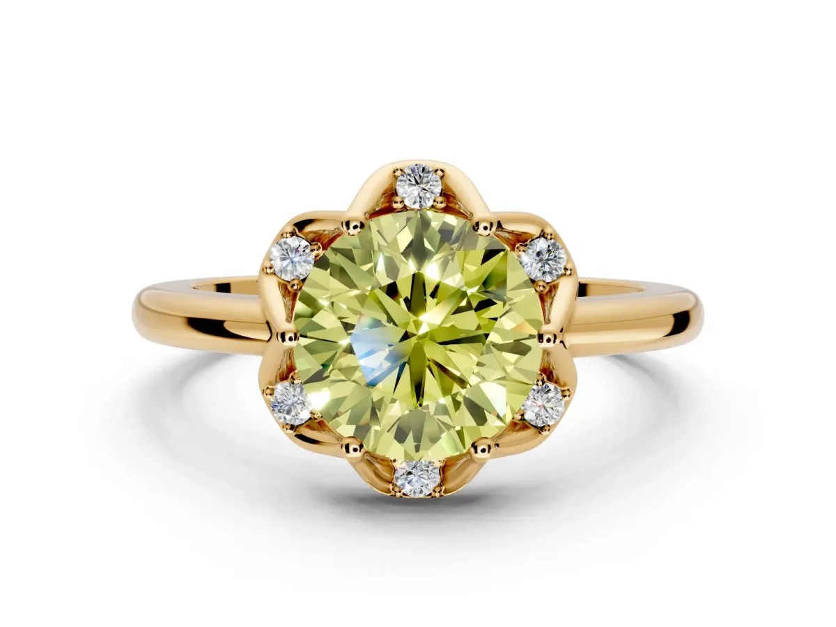 Floral Frame Engagement Ring Setting for Fancy Yellow Round Cut Center with Accent Clusters and Prong Head in Yellow Gold