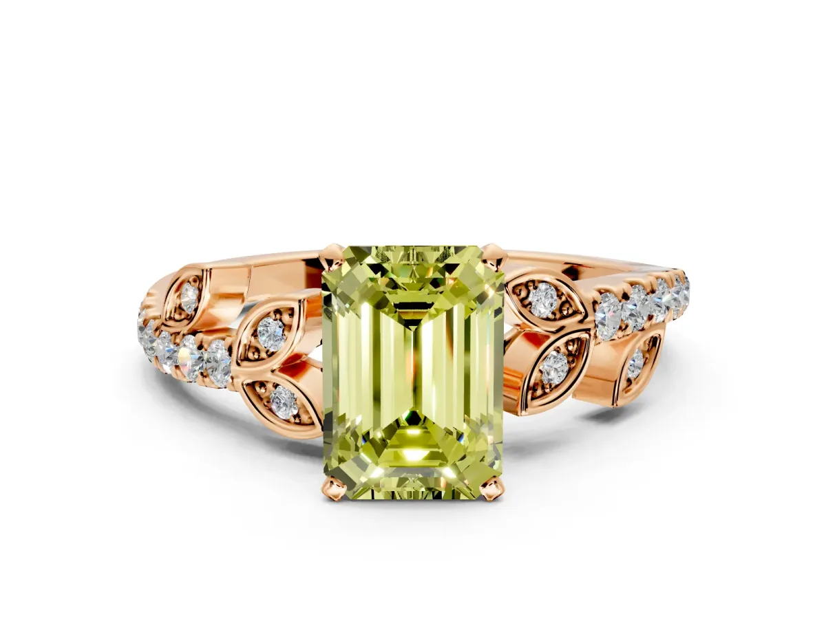 Leaf Motif Engagement Ring Setting for Fancy Yellow Emerald Cut Center with Pave Band and Prong Head in Rose Gold