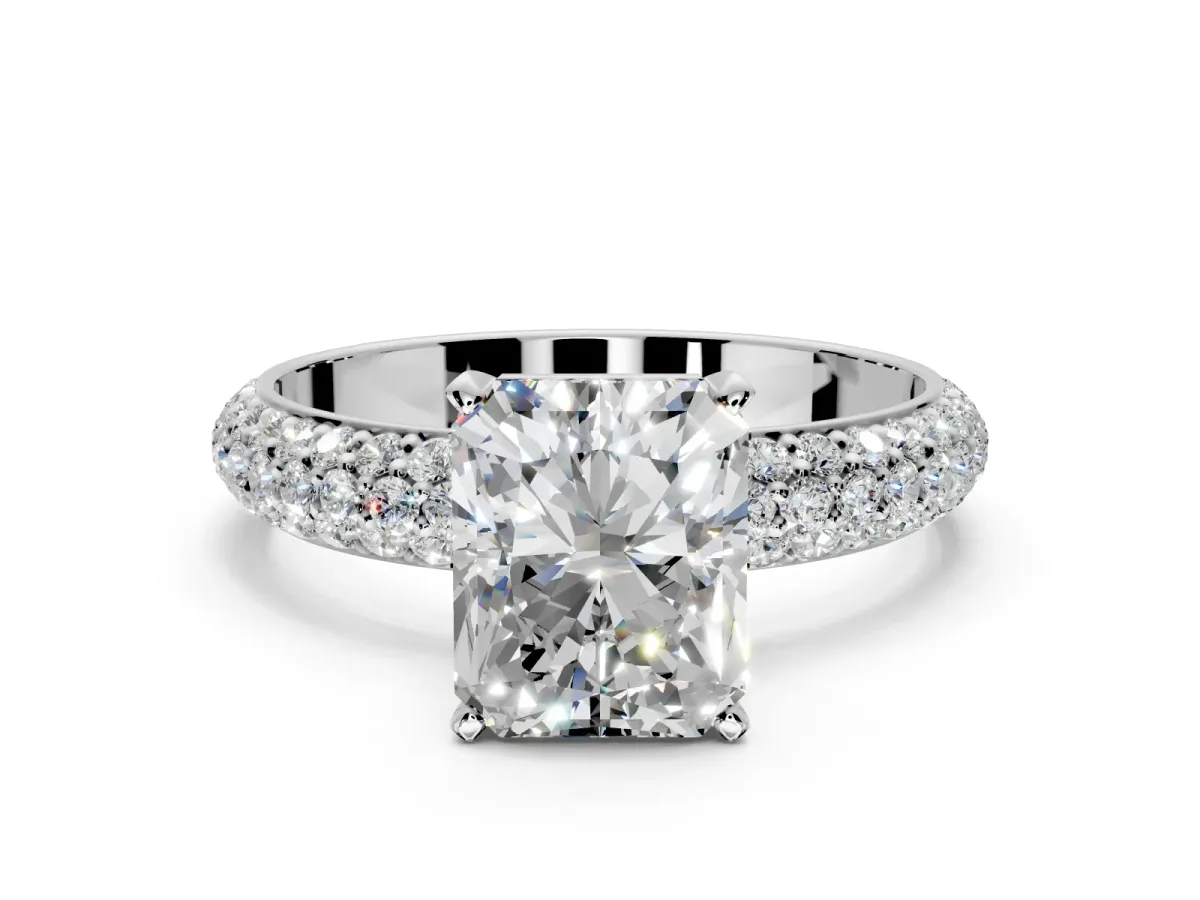 Solitaire Engagement Ring Setting for Radiant Cut Center with Domed Multi-Row Pave Band and Prong Head in Sterling Silver