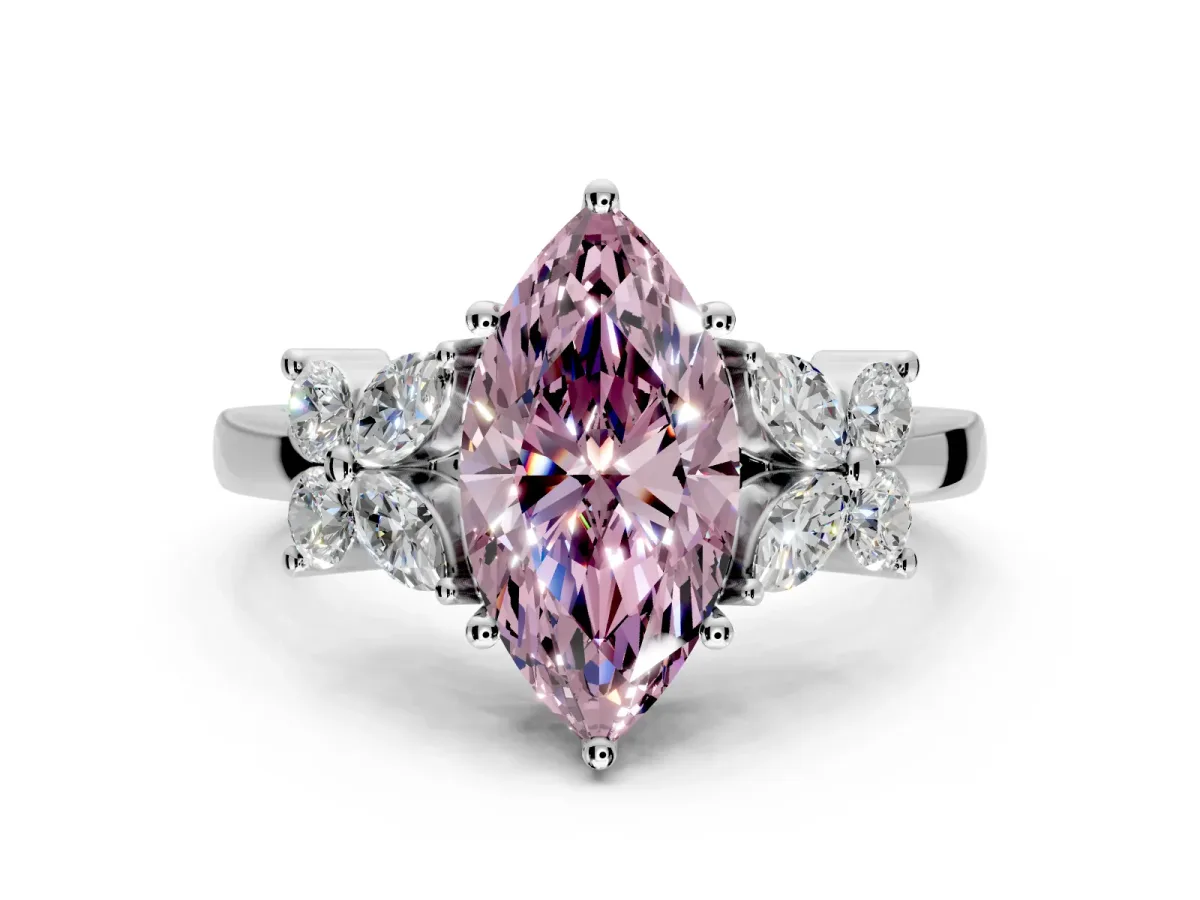 Floral Engagement Ring Setting for Fancy Pink Marquise Center with Marquise Cluster Shoulders and Prong Head in White Gold