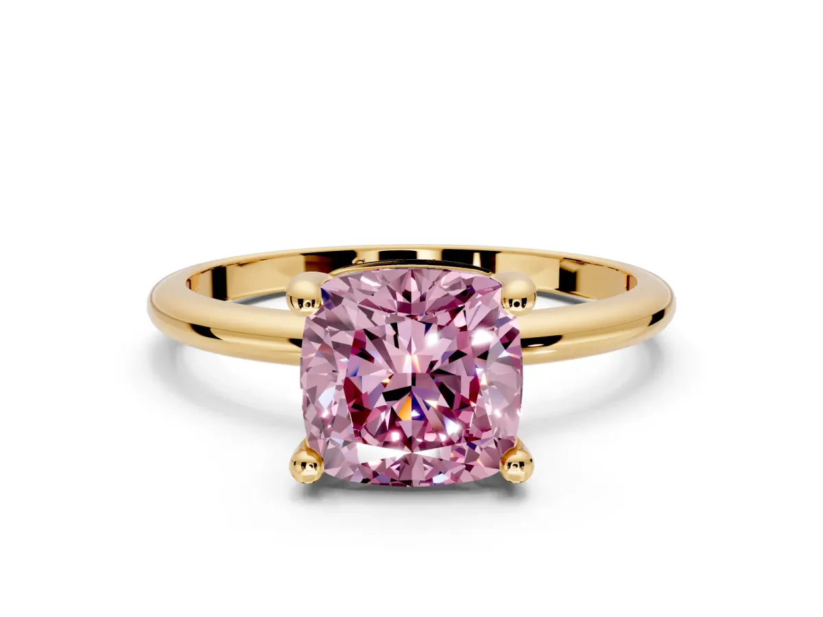 Minimalist Solitaire Engagement Ring Setting for Fancy Pink Cushion Cut Center with Thin Band and Prong Head in Yellow Gold