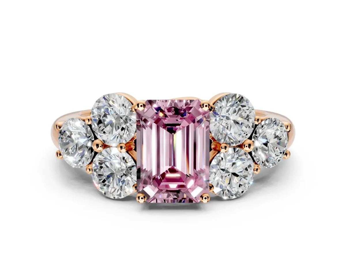 Cluster Engagement Ring Setting for Fancy Pink Emerald Cut Center with Round Cut Accent Frame and Prong Head in Rose Gold