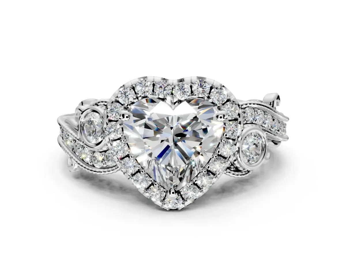 Milgrain Halo Engagement Ring Setting for Heart-Shaped Center with Shoulder Bezels and Prong Head in White Gold