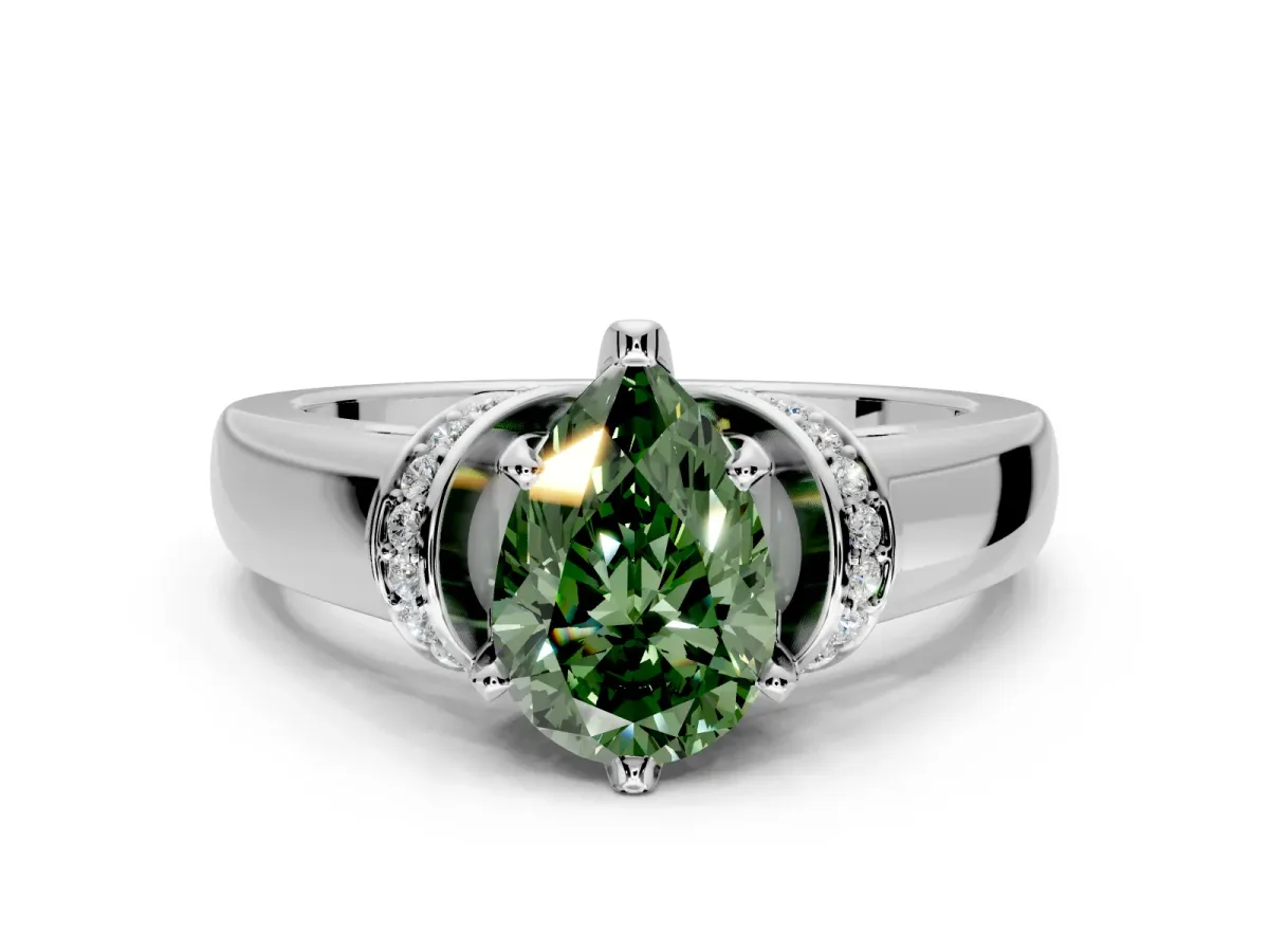 Solitaire Engagement Ring Setting for Fancy Green Pear-Shaped Center with Wide Band, Pave Collar and Prong Head in Platinum