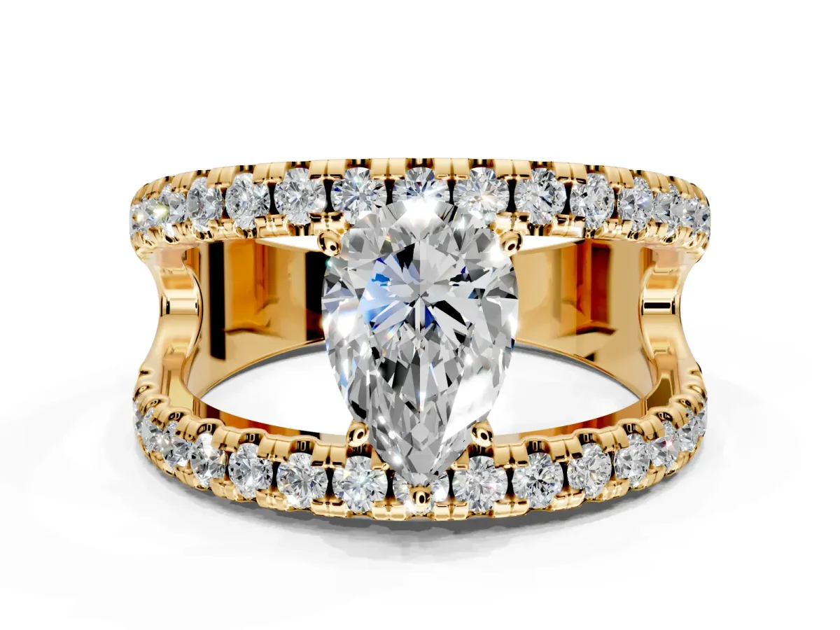 Solitaire Engagement Ring Setting for Pear-Shaped Center with Wide-Open Split Shank and Prong Head in Yellow Gold