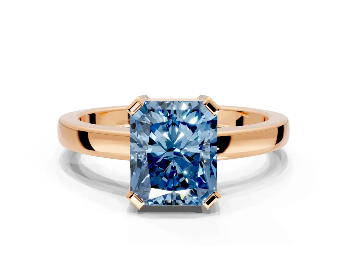 Solitaire Engagement Ring Setting for Fancy Blue Radiant Cut Center with Plain Band and Flat Tab Prong Head in Rose Gold