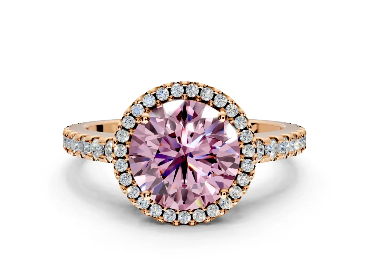 Accent Halo Engagement Ring Setting for Fancy Pink Round Cut Center with Full-Length Pave Band and Prong Head in Rose Gold