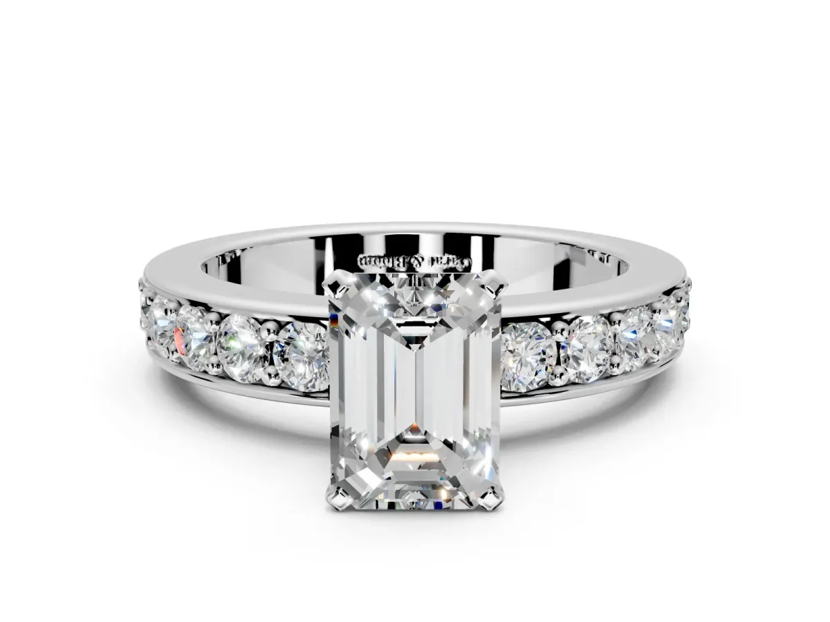 Solitaire Engagement Ring Setting for Emerald Cut Center with Channel-Set Accents and Prong Head in Platinum