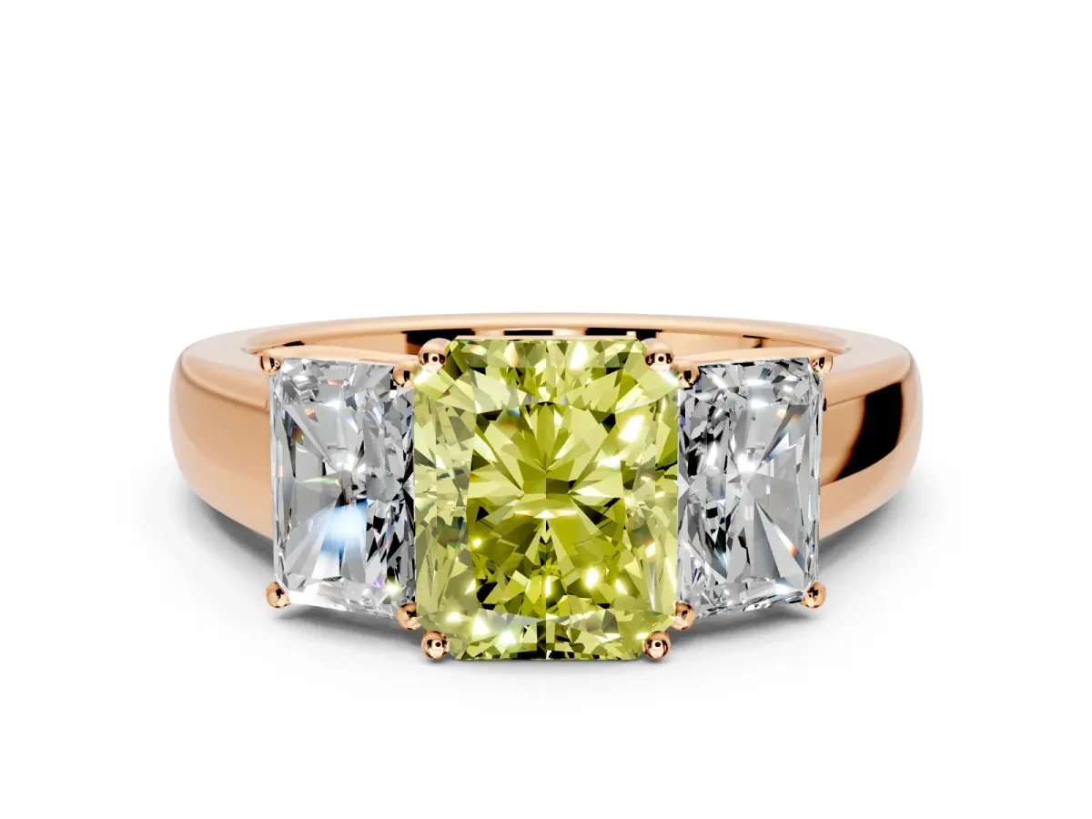 3 Stone Engagement Ring Setting for Fancy Yellow Radiant Cut Center with Raised Basket Heads and Prong Head in Rose Gold