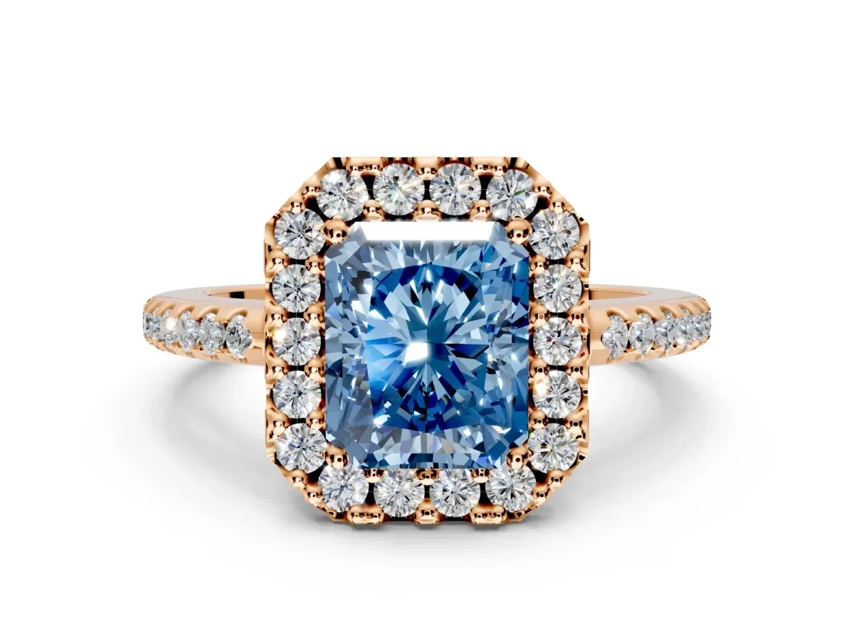 Pave Halo Engagement Ring Setting for Fancy Blue Radiant Cut Center with Single Row Pave Band and Prong Head in Rose Gold