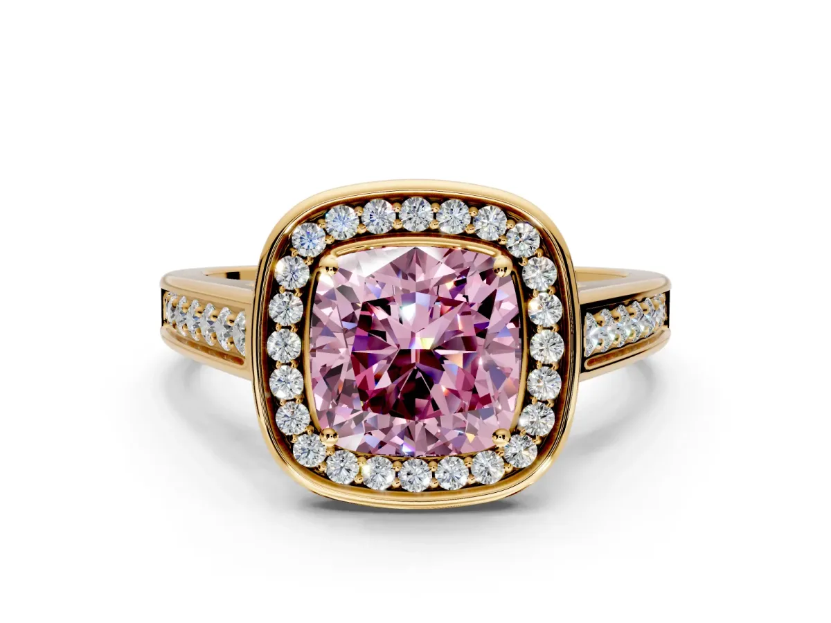 Halo Engagement Ring Setting for Fancy Pink Cushion Cut Center with Outer Bezel Rim, Pave Band and Prong Head in Yellow Gold