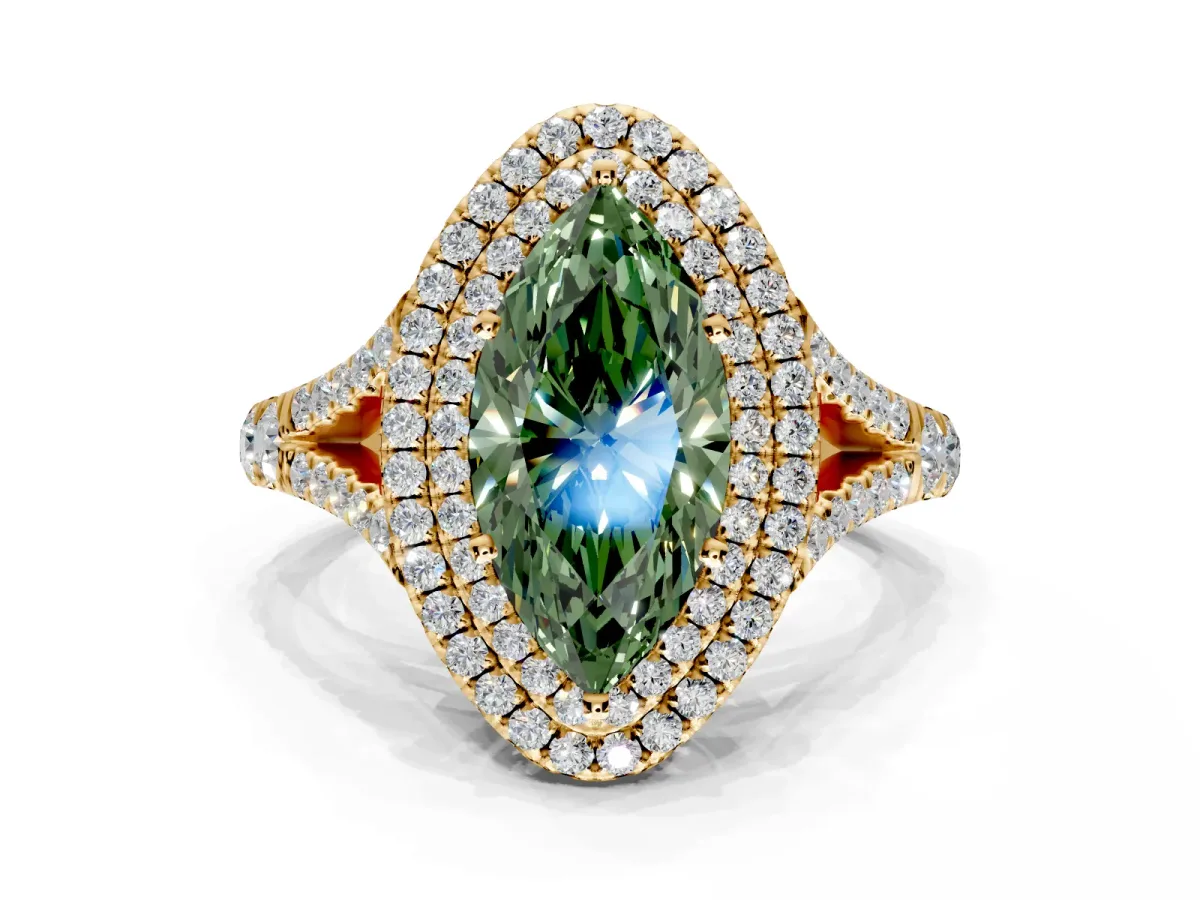 Double Halo Engagement Ring Setting for Fancy Green Marquise Center with Narrow Pave Split Shank and Prong Head in Yellow Gold
