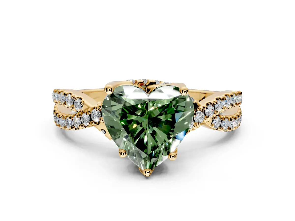 Solitaire Engagement Ring Setting for Fancy Green Heart-Shaped Center with Narrow Twist Pave Band and Prong Head in Yellow Gold