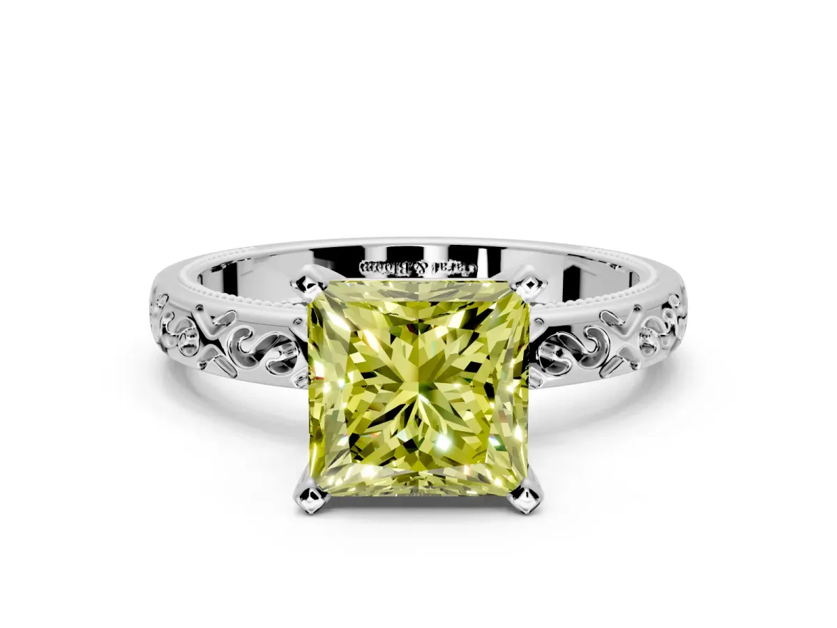 Solitaire Engagement Ring Setting for Fancy Yellow Princess Cut Center with Scrollwork Band and Prong Head in White Gold