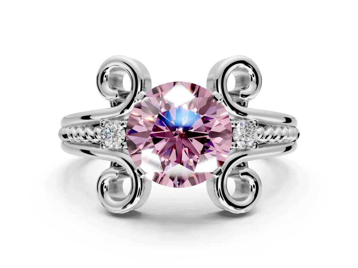 Solitaire Engagement Ring Setting for Fancy Pink Round Cut Center with Twisted Band and Scroll Prong Head in Sterling Silver