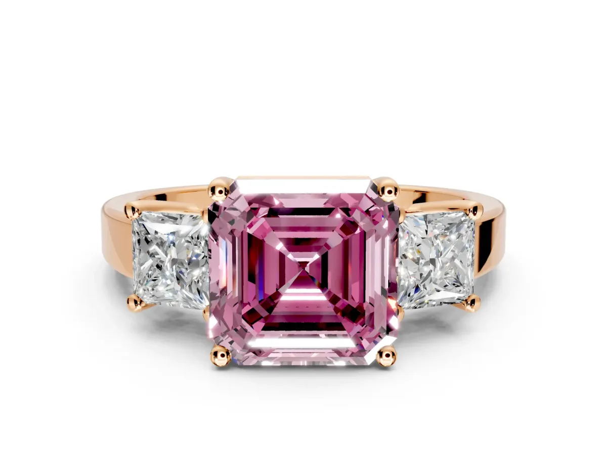 3 Stone Engagement Ring Setting for Fancy Pink Asscher Cut Center with Matching Side Accents and Prong Head in Rose Gold