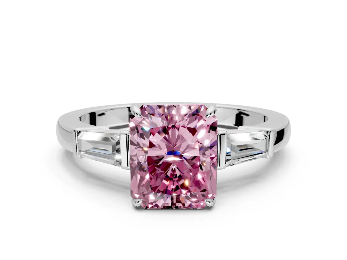 3 Stone Engagement Ring Setting for Fancy Pink Radiant Cut Center with Baguette Accents and Prong Head in Platinum
