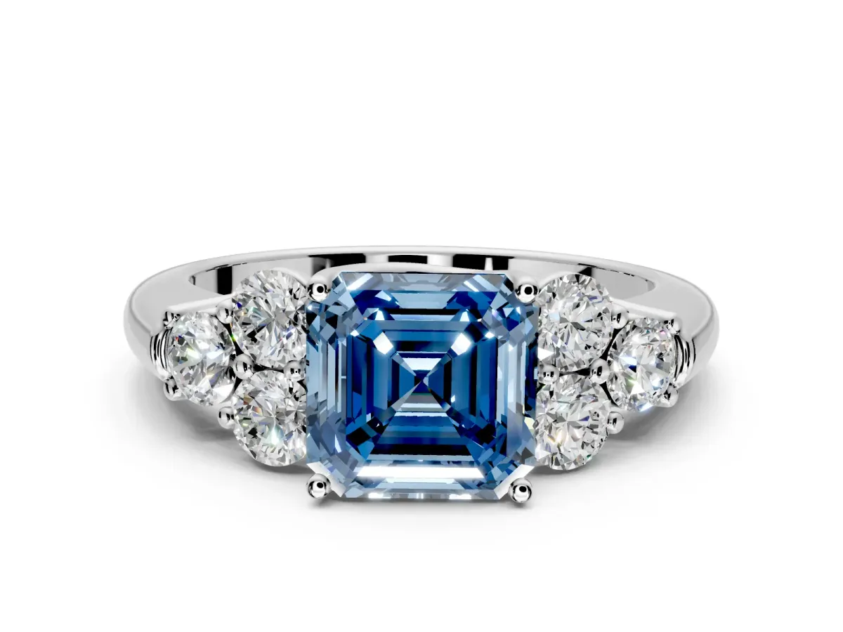 Cluster Engagement Ring Setting for Fancy Blue Asscher Cut Center with Round Cut Accent Frame and Prong Head in Sterling Silver