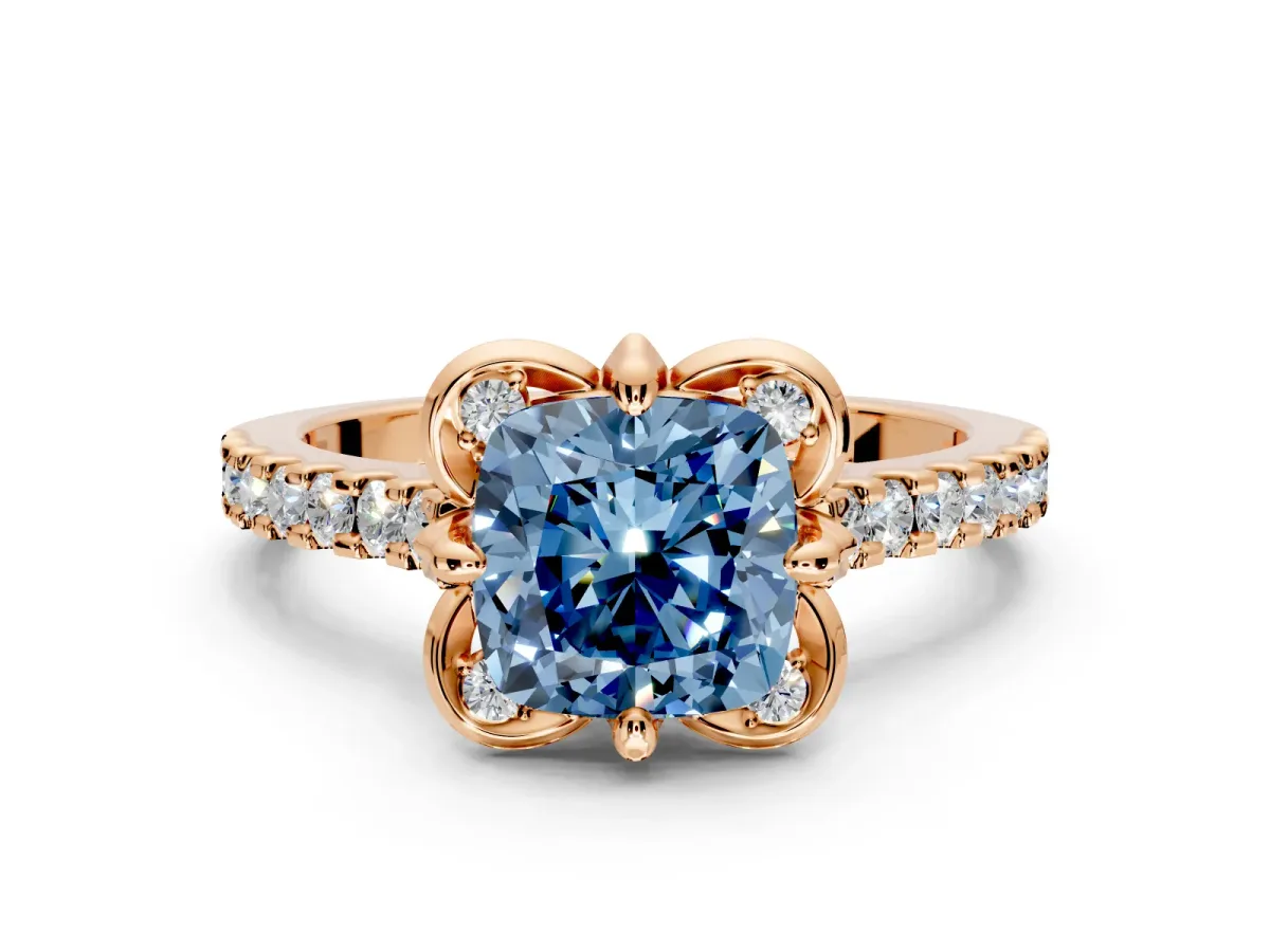 Floral Engagement Ring Setting for Fancy Blue Cushion Cut Center with Pave Band and Floral Prong Head in Rose Gold
