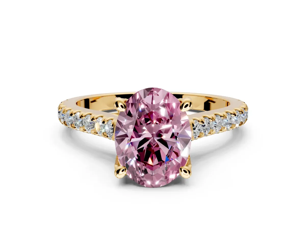 Solitaire Engagement Ring Setting for Fancy Pink Oval Center with Widening Pave Band and Claw Prong Head in Yellow Gold