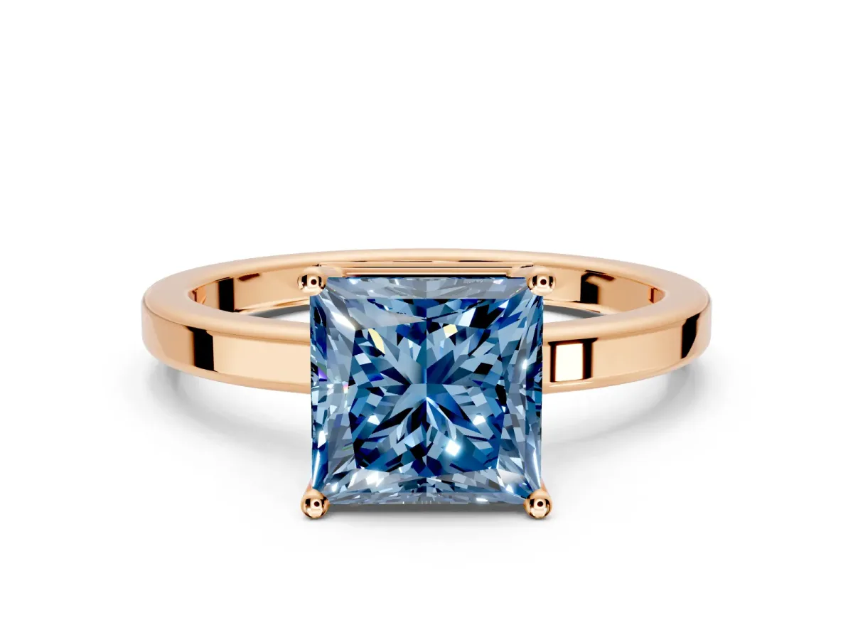 Hidden Halo Engagement Ring Setting for Fancy Blue Princess Cut Center with Wide Flat Plain Band and Prong Head in Rose Gold