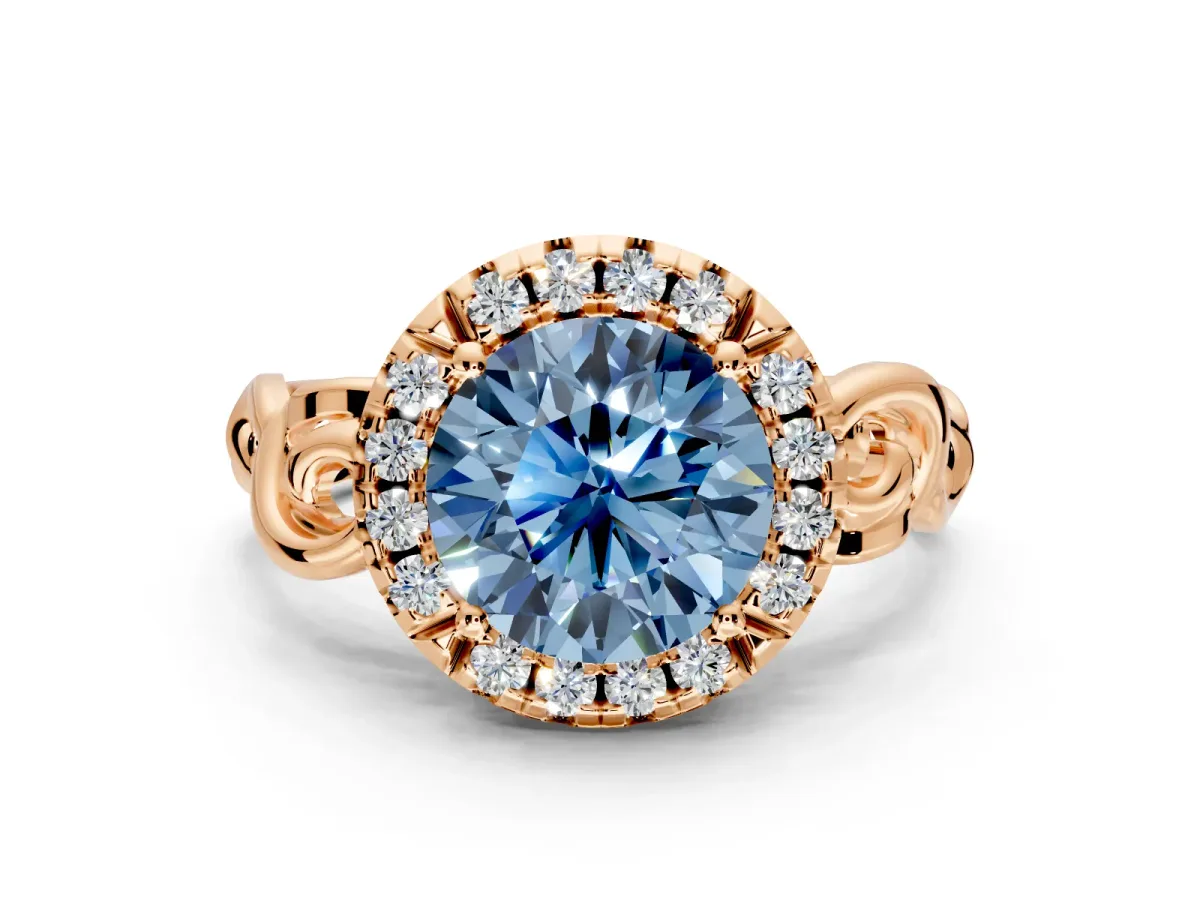 Halo Engagement Ring Setting for Fancy Blue Round Cut Center with Open Scroll Shoulders and Prong Head in Rose Gold