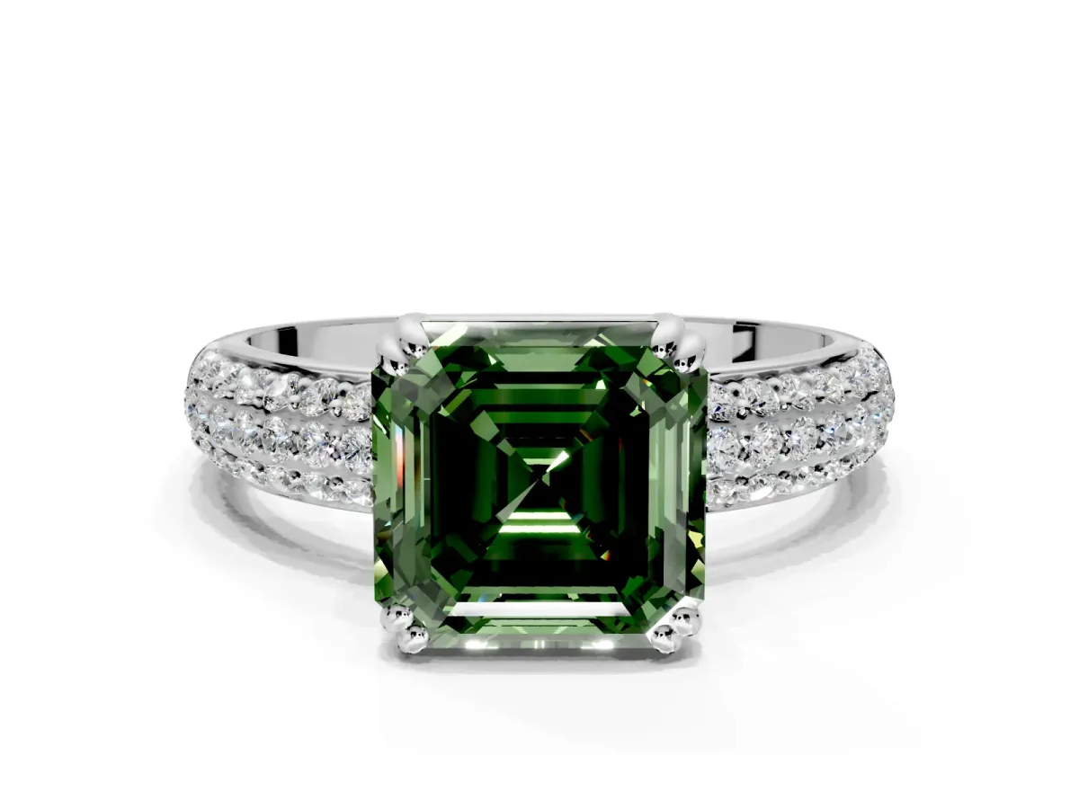 Solitaire Engagement Ring Setting for Fancy Green Asscher Cut Center with Multi-Row Pave Accents and Basket Head in Sterling Silver