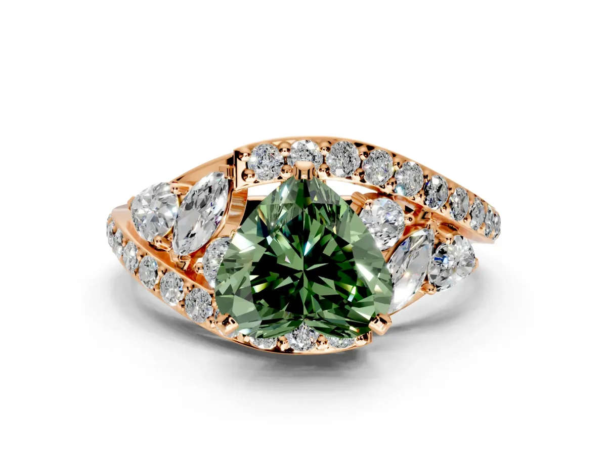 Halo Engagement Ring Setting for Fancy Green Heart-Shaped Center with Marquise and Pave Bypass Band and Prong Head in Rose Gold