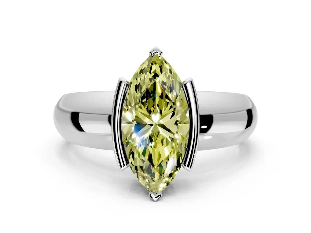 Tension Engagement Ring Setting for Fancy Yellow Marquise Center with Wide Flat Band and Tension Head in White Gold