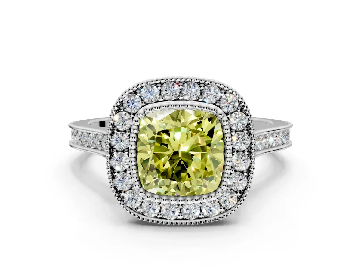 Halo Engagement Ring Setting for Fancy Yellow Cushion Cut Center with Milgrain Frame, Pave Band and Prong Head in White Gold