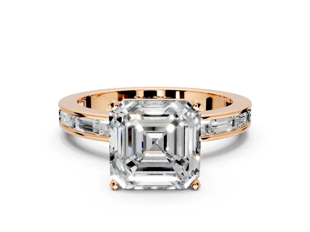 Solitaire Engagement Ring Setting for Asscher Cut Center with Channel Baguette Band and Prong Head in Rose Gold