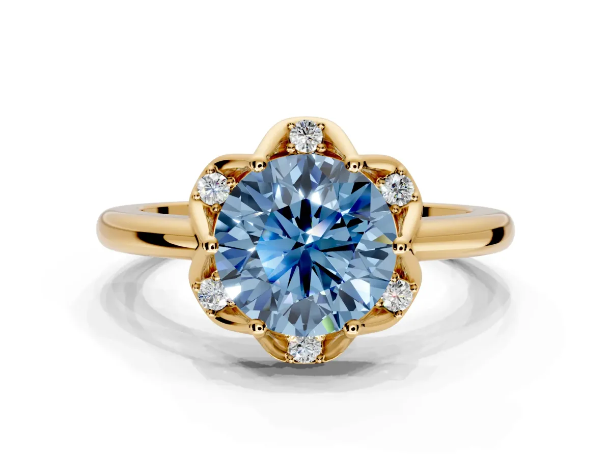 Floral Frame Engagement Ring Setting for Fancy Blue Round Cut Center with Accent Clusters and Prong Head in Yellow Gold