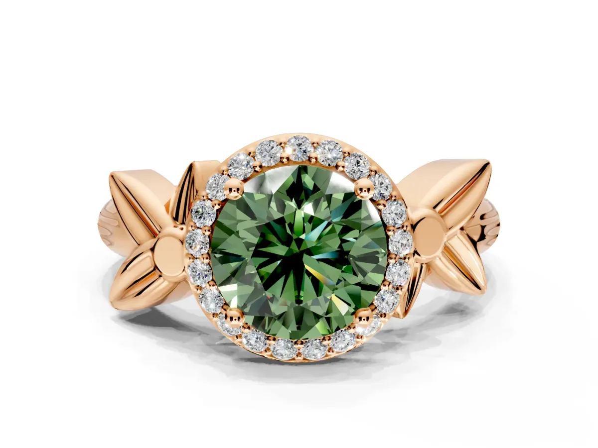 Halo Engagement Ring Setting for Fancy Green Round Cut Center with Floral Band and Prong Head in Rose Gold