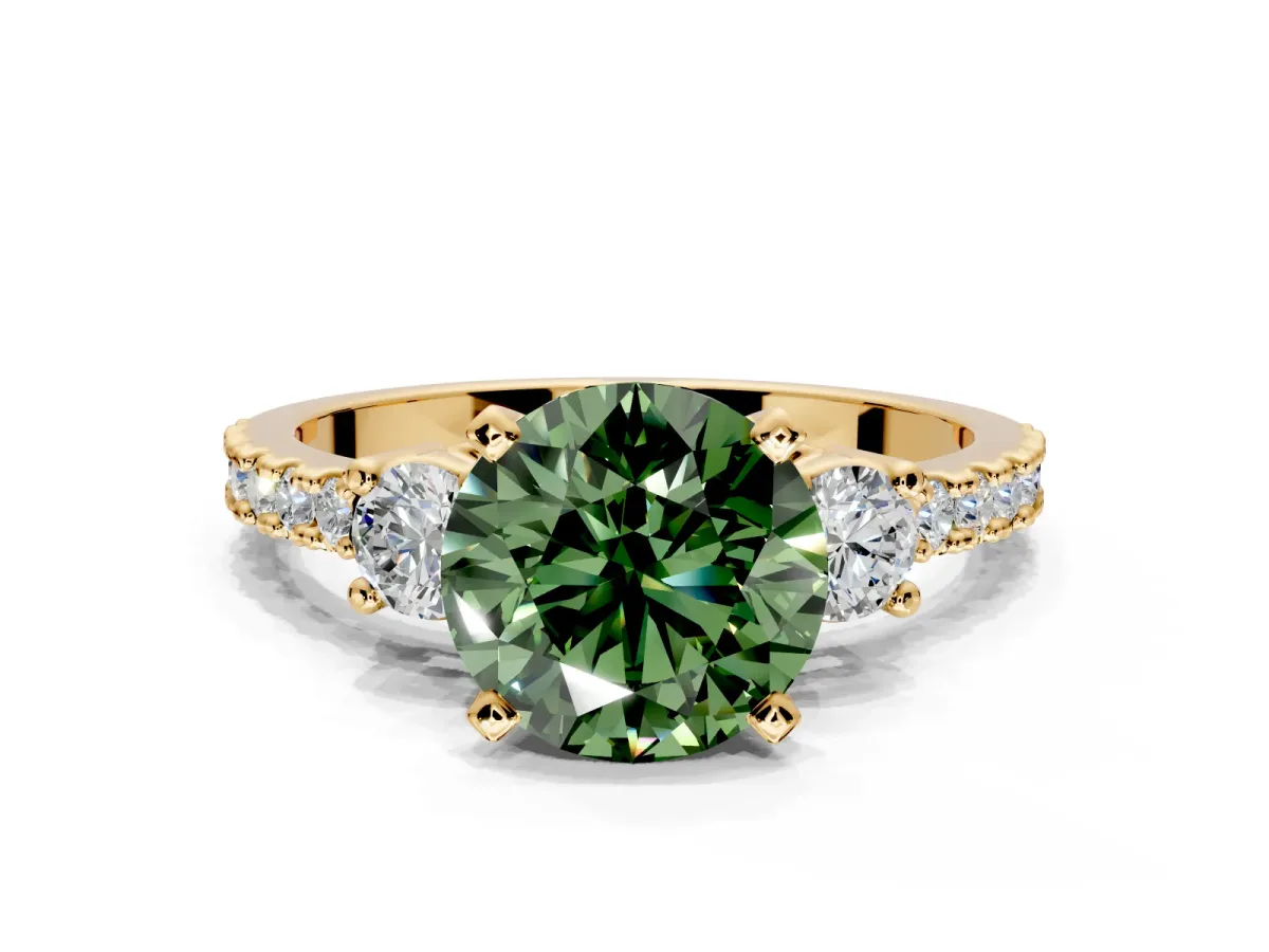 3 Stone Engagement Ring Setting for Fancy Green Round Cut Center with Round Cut Side Accents and Prong Head in Yellow Gold