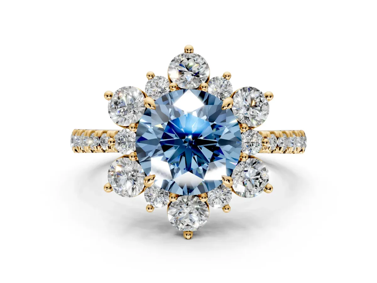 Floral Halo Engagement Ring Setting for Fancy Blue Round Cut Center with Pave Accents and Prong Head in Yellow Gold
