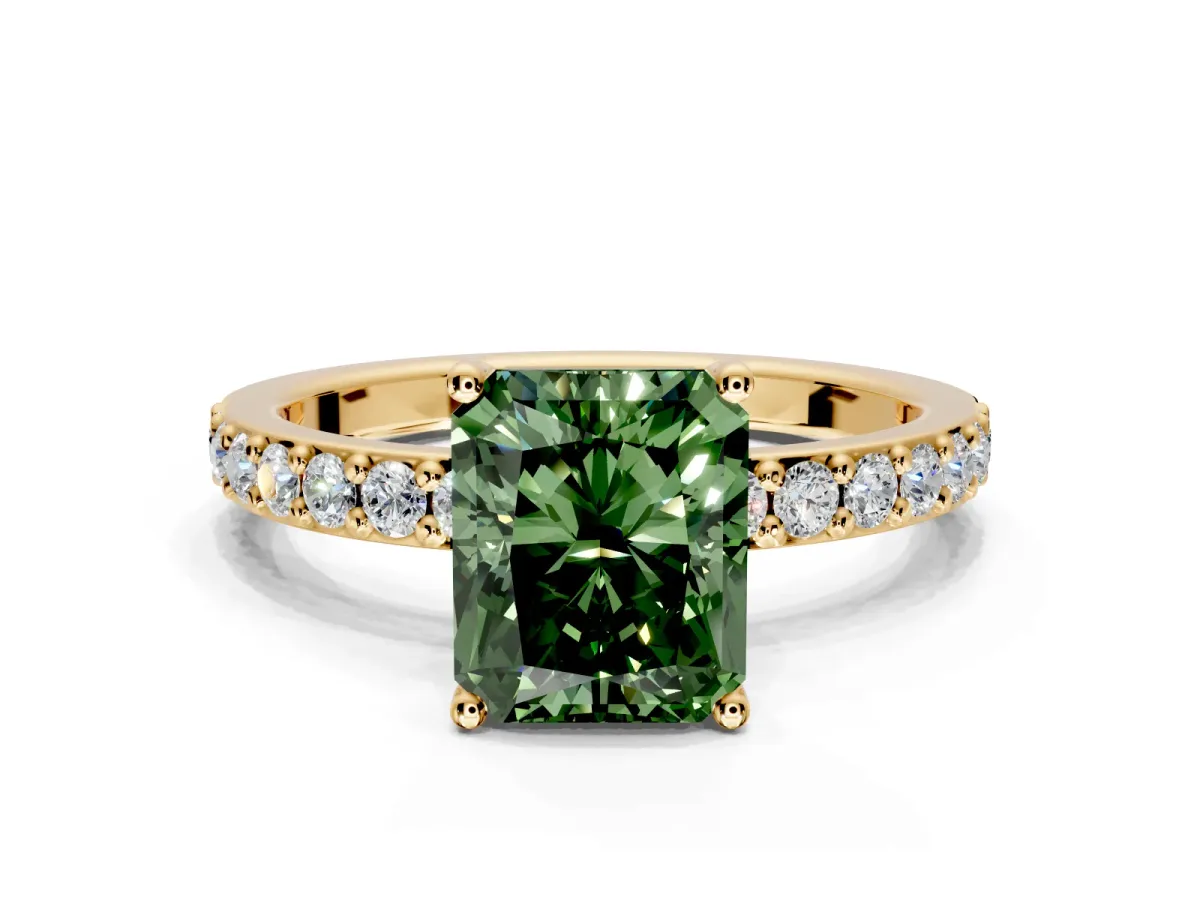 Solitaire Engagement Ring Setting for Fancy Green Radiant Cut Center with Round Cut Pave Band and Prong Head in Yellow Gold