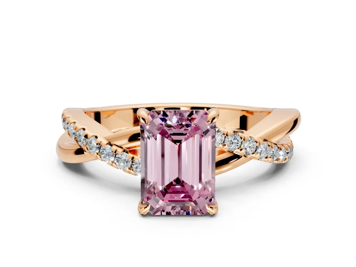 Crossover Engagement Ring Setting for Fancy Pink Emerald Cut Center with Pave and Plain Strands and Prong Head in Rose Gold